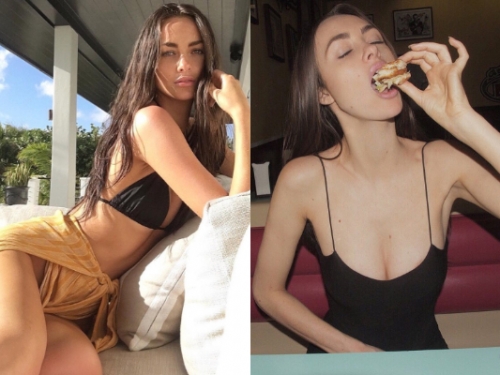 骨感妹露乳溝豪邁吃！大口塞漢堡包…「以形補形」營養都補到肉包去啦