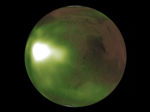 紫外線閃爍在火星夜空中會發出綠色的光輝，火星在紫外線照射下會產生怪異的光芒