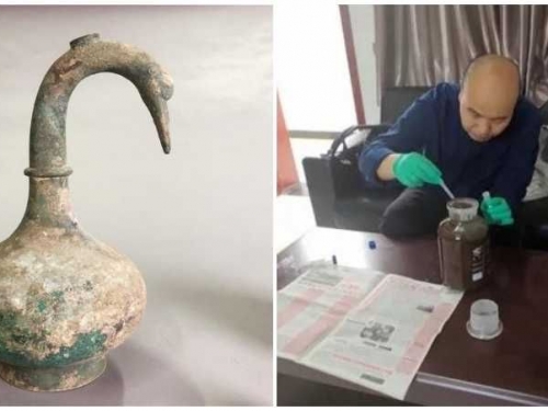 超罕見！河南出土「鵝首曲頸」青銅壺 竟裝3000ml「黃褐色液體