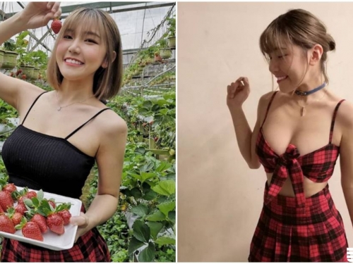 正妹採草莓「車頭燈好大顆」，低胸裝「W型美乳」辣到翻！