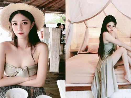 正妹度假裝露出「白皙美腿」，正面低胸視角好誘人！
