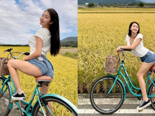 池上黃金田驚見「陽光正妹」，停車回眸秒現「可口蜜臀肉」