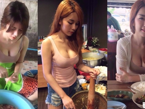 性感「爆乳廚娘」低胸衣抖奶做菜！小吃攤爆滿只為看那對「白嫩巨乳」...