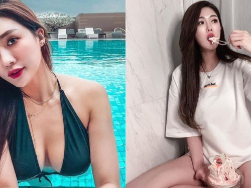 長髮正妹「下身失蹤裝」辣吃蛋糕，白皙美腿若隱若現，泳裝照上圍好雄偉！