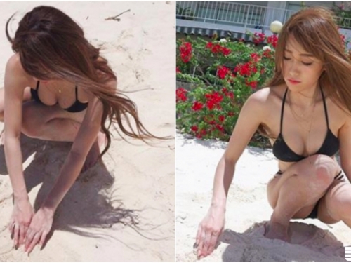 「美乳正妹」海邊玩沙！「渾圓奶奶」一彎腰就出來打招呼！