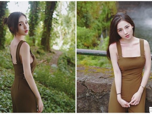 好像豆花妹！氣質妹森林轉身「意外露側乳」，若隱若現看了心都癢癢的！