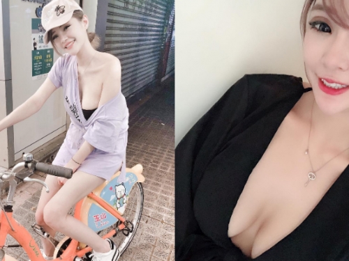 掉出來了啦！「巨乳正妹」騎YouBike路況太顛　「白嫩奶球」被震出來！