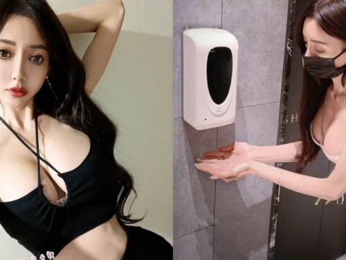 認真防疫！巨乳正妹「長瀨昆妮」爆乳彎腰噴酒精，超惹火「Ｅ罩杯」快彈出！