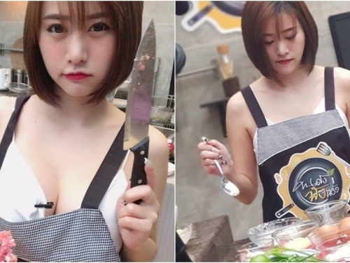 快來吃大肉肉！「短髮巨奶妹」爆乳剁肉下廚！「胸前乳球」美味一百分！