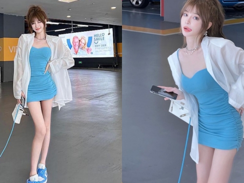 停車遇到「超細長腿辣妹」，藍色緊身裝「美腿好白嫩」！