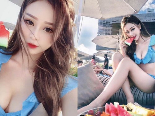 好甜！正妹Suki「露水滴奶吃西瓜」，「甜度爆表」美腿好消暑！