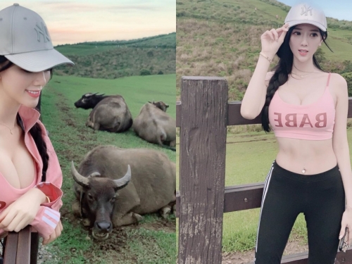 超猛「爆乳正妹」子涵擎天岡出沒！看牛不忘帶上「重量級長輩」 火辣身材誰能無視她