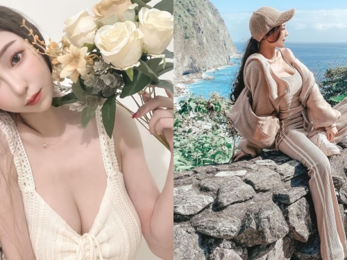 「長髮雪乳正妹」運動套裝去海岸散步，細肩帶小背心「爆乳弧度」好厲害！