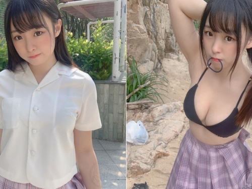 「甜美制服妹」海邊玩水忘帶泳衣，上衣解開直接下水，超豐滿「白嫩美乳」好搶眼