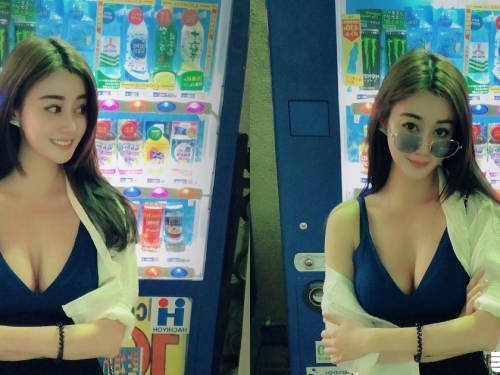 刷卡可以嗎？正妹「isa」飲料機前秀「超兇深溝」，讓人不想投幣只想刷卡！