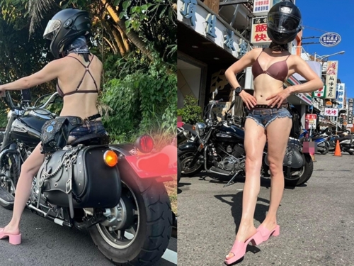 比基尼妹穿爆短「三角牛仔褲」騎重機 網搖頭：鞋太搶戲