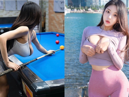 南韓巨乳妹彎腰打撞球　自備的兩顆「白嫩母球」直接掉出來