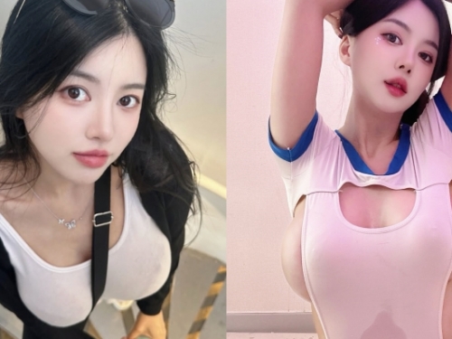 來自南韓的大歐派！氣質正妹「背帶卡溝」好害羞，想不到平常穿衣尺度更辣