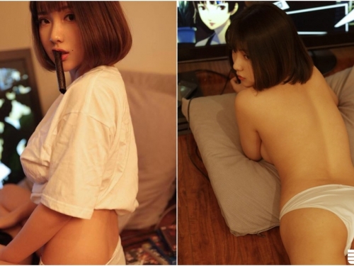 「爆乳妹子」在家打遊戲不穿褲！最後連衣服都脫啦，露出「渾圓飽滿」好涼快！