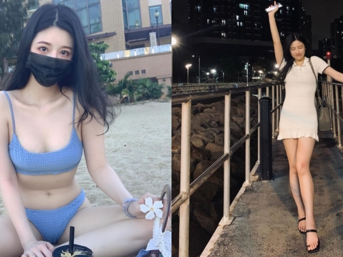 戴口罩也要去海邊玩！「白皙雪乳妹」沙灘秀比基尼，修長美腿好吸睛！