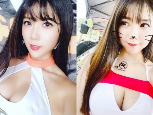 車展上的火辣美乳正妹「妮妮兒」，胸前挖空造型好兇狠！