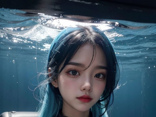 ★Patreon★ AI_Kaori - Underwater Portrait of a Nude Woman with Blue Hair Wearing