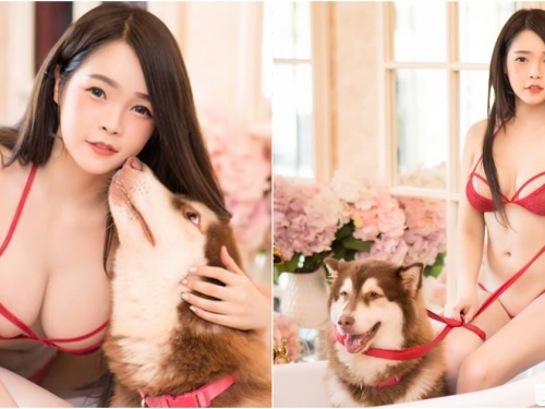 奶比狗臉大！「清純奶妹」浴缸嬉鬧玩狗，身上鮮紅緞帶包不住「白嫩身體」！