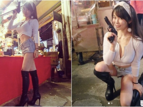 提槍上陣！樂華夜市出現「爆奶短褲妹」射氣球！火辣辣「白嫩大奶」害路人都看呆！