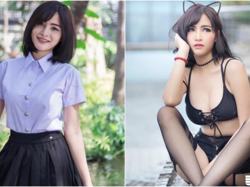 清純可愛「短髮學生妹」！化身「爆奶小貓咪」！黑色吊帶襪性感又邪惡！