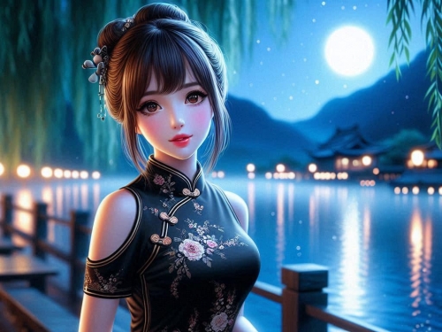 Night by the lake. Charming moon