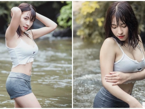 戲水了！正妹「超兇巨乳」撐破上衣，「豐滿濕身」模樣快走光了！