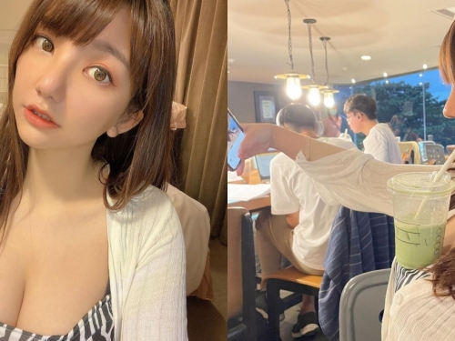 「巨乳OL」挑戰飲料放奶上，超挺歐派成功卡住，整個畫面乳香四溢啊！