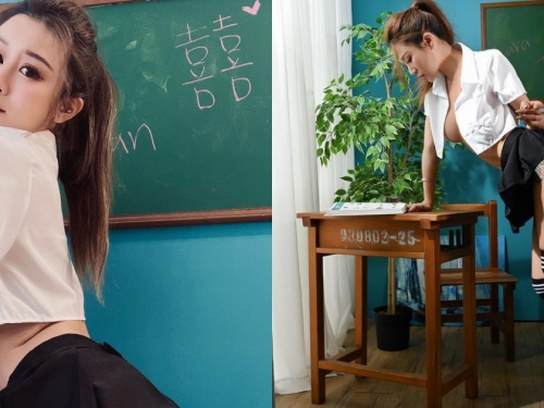 超犯規的火辣學生妹「Lara 囍」 中空襯衫+迷你短裙，光看就好想把她制服！
