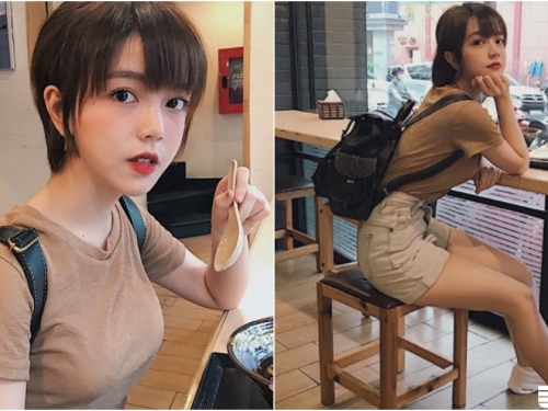 超甜美「短髮萌妹」拉麵店現身！清純模樣想不到也是個「隱乳正妹」啊！