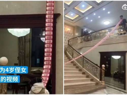 4歲童拜年爺爺發「13公尺大紅包」網呼：竟能在家擺開