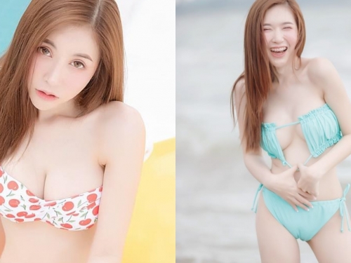 「清純白皙巨乳妹」沙灘戲水玩好嗨！拉扯比基尼露出「雪白美肌」太超過！