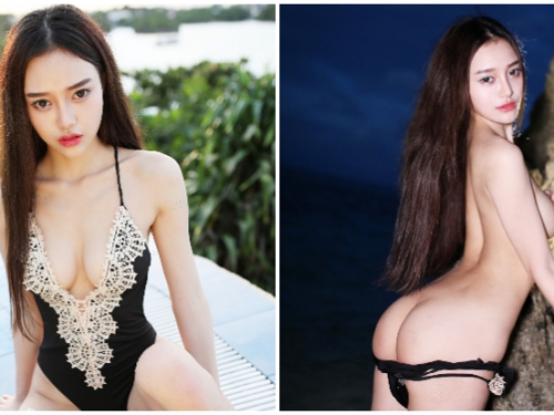 「爆乳正妹」深夜海邊的野外露出！極致深V泳裝趁四下無人全部趴光，實在太惹火！