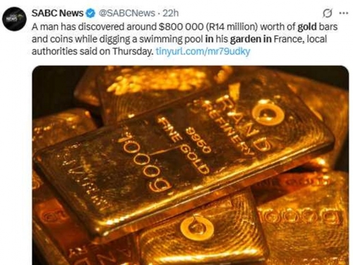 金條藏後院20年沒人知？　他想蓋泳池一鏟挖出價值2千多萬寶藏