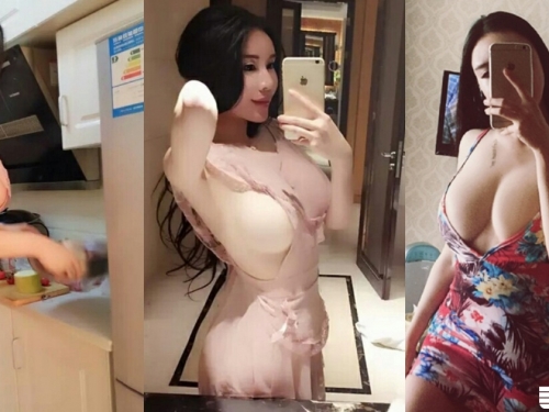 超豐滿色氣姐姐！正妹「乳香四溢」圍裙罩不住，早餐超肉食下麵給你吃！