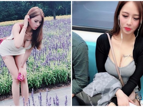 好誘惑！捷運女神下衣失蹤「爆乳賞花」，兇猛F奶倒出：大家都一起彎腰了！