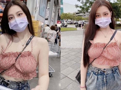 內湖好市多出沒「香肩雪乳妹」，細肩帶小可愛藏不住「柔軟豪乳」形狀外溢！