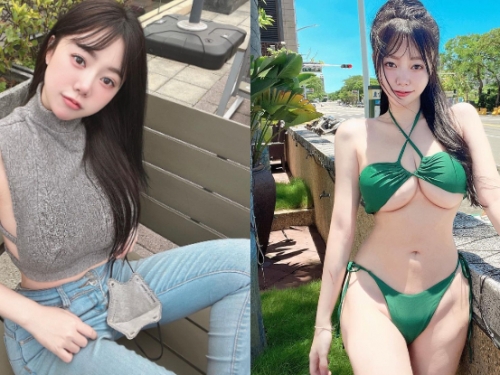 Ubike站有辣妹招！「米妹」綠比基尼扛不住厚乳，「鮮嫩奶球」讓司機想拆避震器