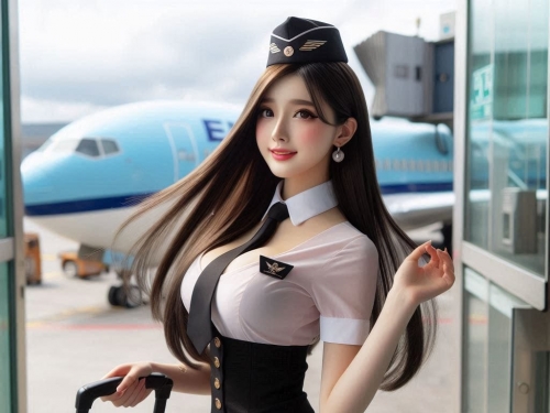 Wearing a stewardess costume, getting off a plane, holding a suitcase in your