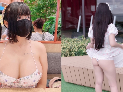 「巨乳長髮妹」逛街太熱偷掀裙子，「白嫩屁股蛋」露出吹風啦！