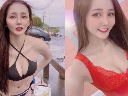 性感小廚娘「鄭綺」穿上火辣紅內衣，豐滿的事業線「畫面好熱情」！