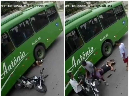 煞車不及噴飛！卡巴士車輪遭拖行 騎士靠安全帽保命