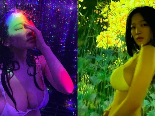 I罩杯巨乳小隻馬「穿比基尼逛展覽」，看展兼顧蒸桑拿，全身都溼淋淋的啦！