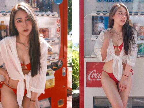 「比基尼辣妹」乳擋販賣機，「彈嫩猛溝」讓人超想來杯厚奶茶！