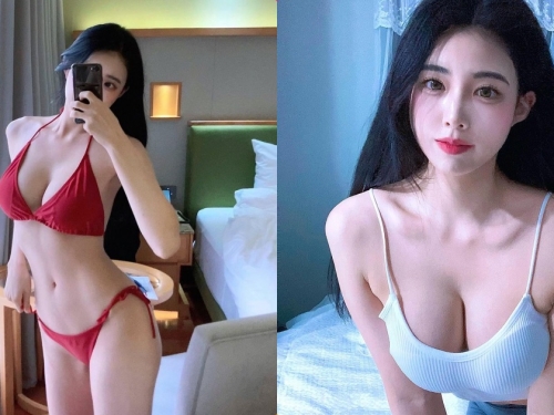 用心拍照的「高挑正妹」曲線太兇了，「美乳低胸裝」讓人感受滿滿誠意！