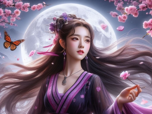 一位美麗的少女穿著傳統服飾在月下翩翩起舞